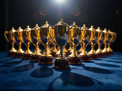 科技创新优秀企业奖牌，金色奖牌表面，蓝色丝带，颁奖典礼背景