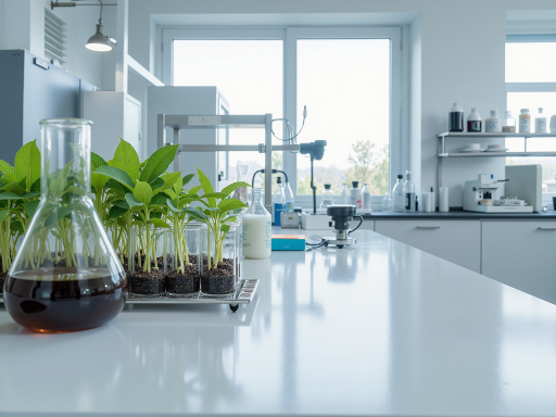 现代化生物实验室场景，配备先进设备，科研人员正在进行实验操作，白色工作台面，绿色植物点缀