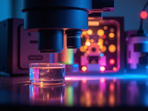 免疫荧光检测试剂盒包装，彩色标签，塑料外壳，显微镜背景