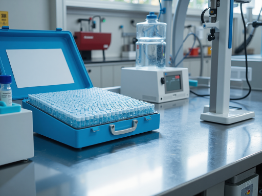 蛋白质标准品包装，白色盒子，标签显示蛋白浓度，实验室环境